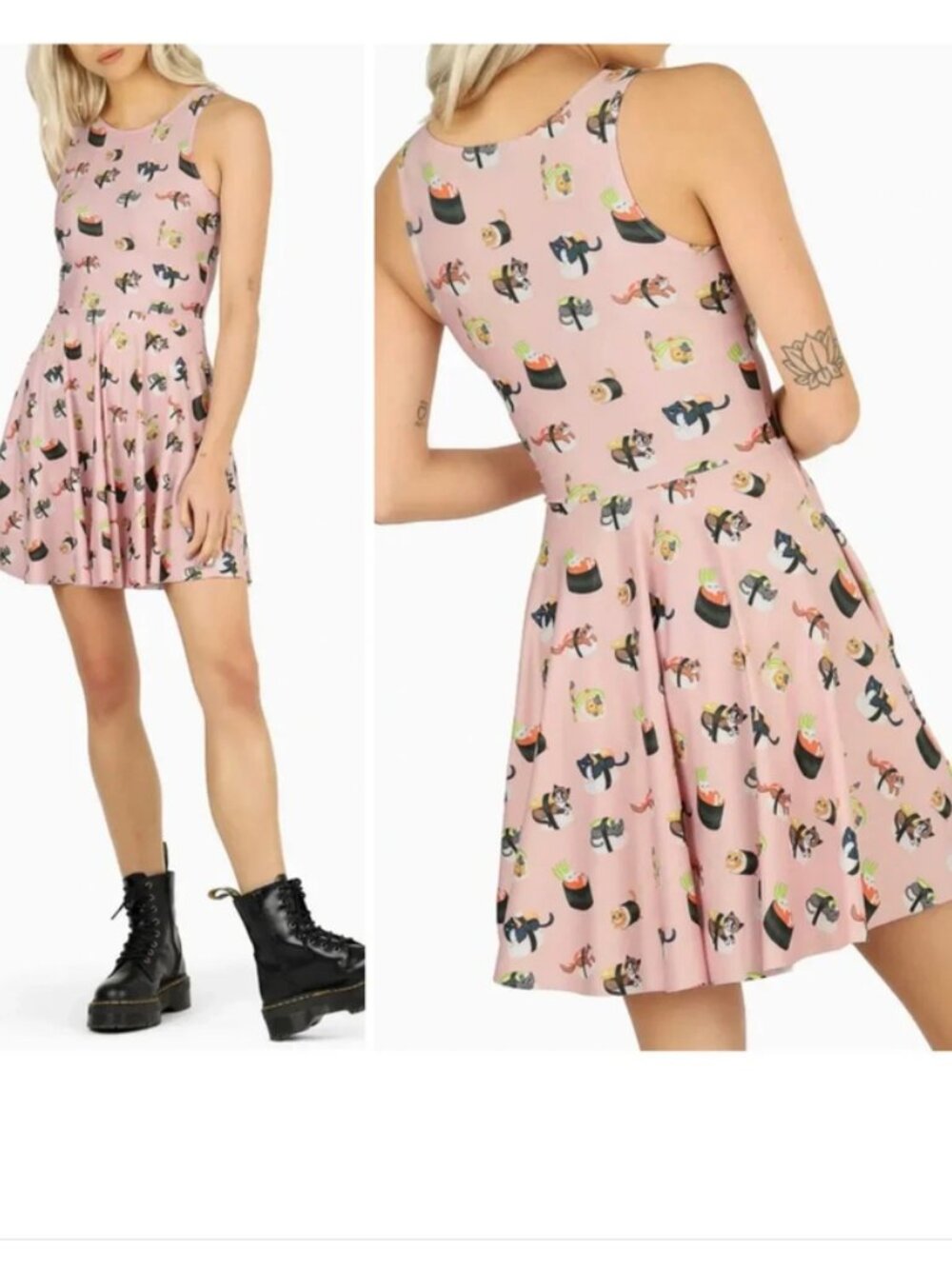 Blackmilk Pink Black Sushi Cats Kawaii Print Princess Skater Mini Dress